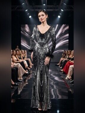 Glamorous Black and Silver Sequin Long Sleeve Dress With Ostrich Sleeves